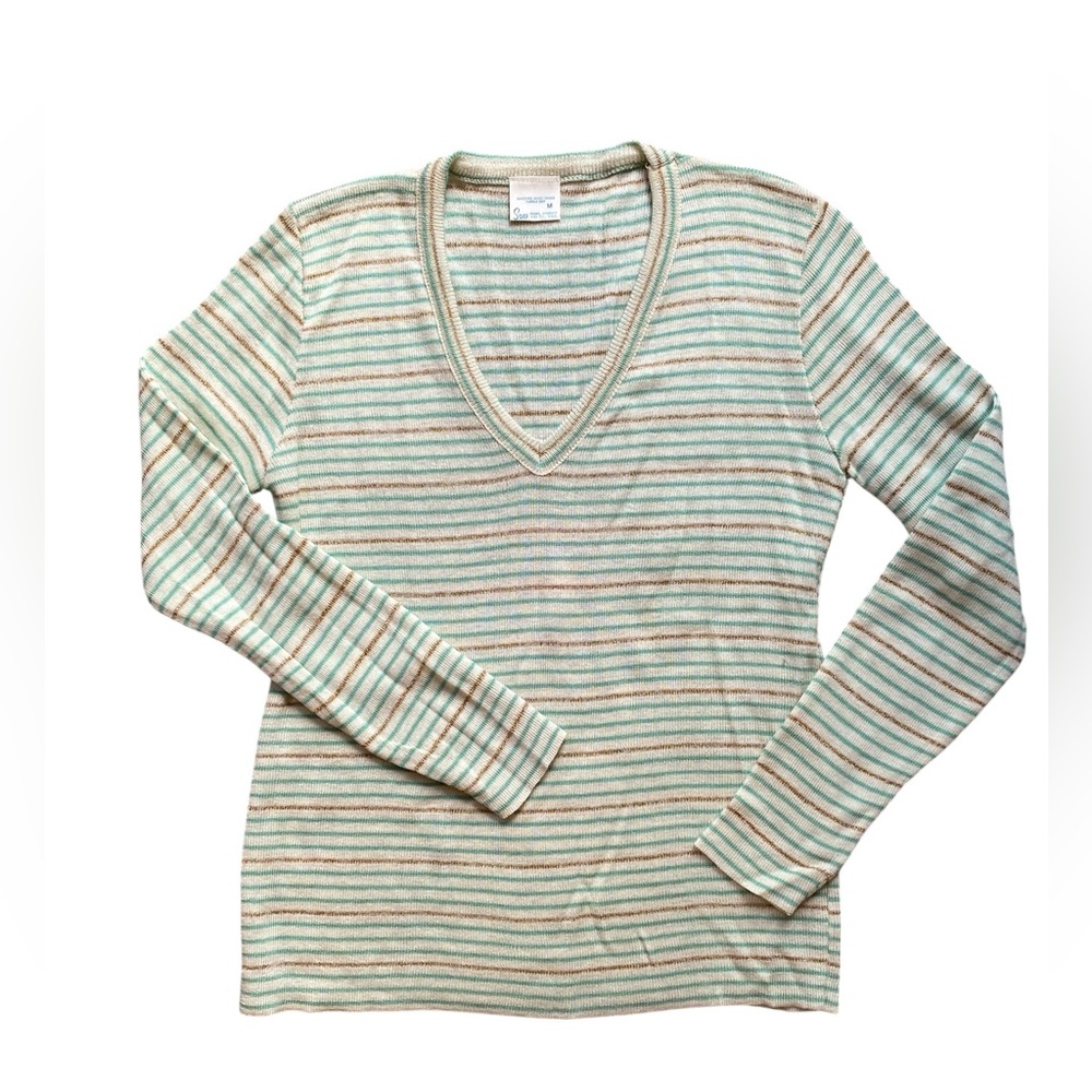 1970s New Sears Acrylic Green Copper Metallic Stripe V Neck Skinny sweater - M